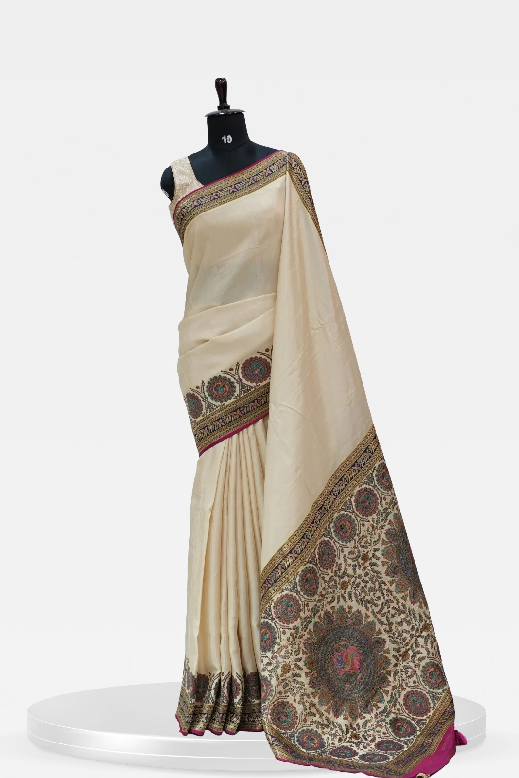 Fancy Banarasi Graceful Cream Saree with Intricate Circular Motifs and Elegant Border QS238140