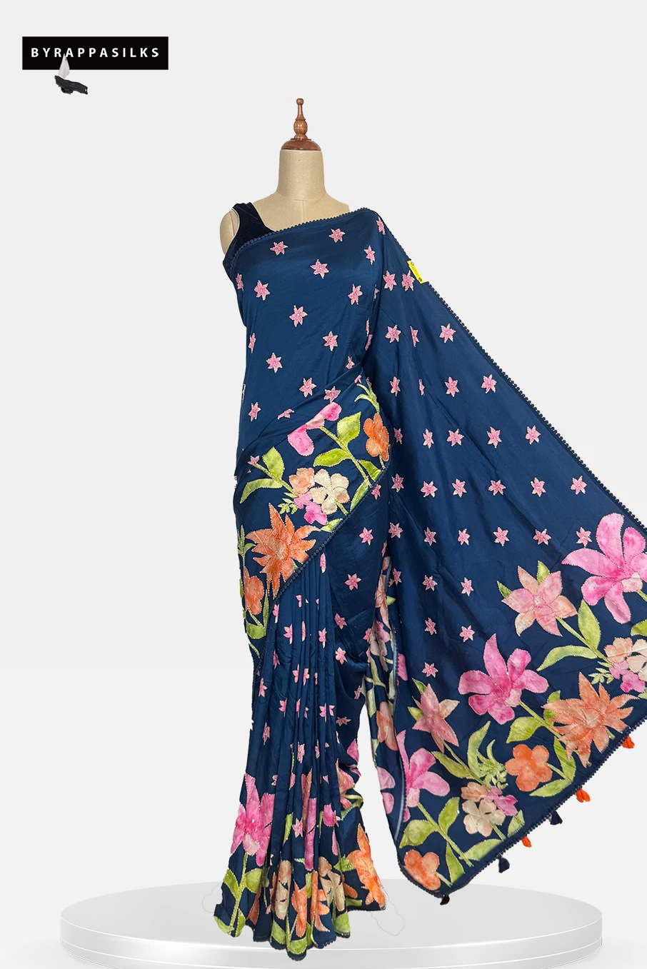 Butter Crape Saree Kantha Work Navy Blue QS284515