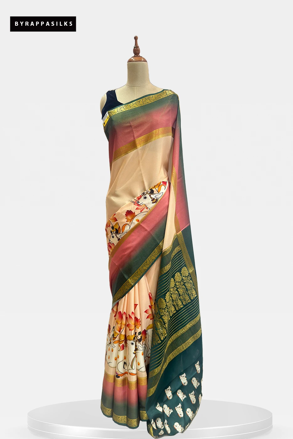 Mysore Silk Pure Crape Saree Cream & Green pichwai Print QS290887