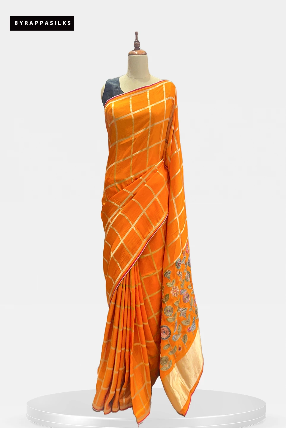 Orange Blue Saree Zari Checks & Floral Border QS287941