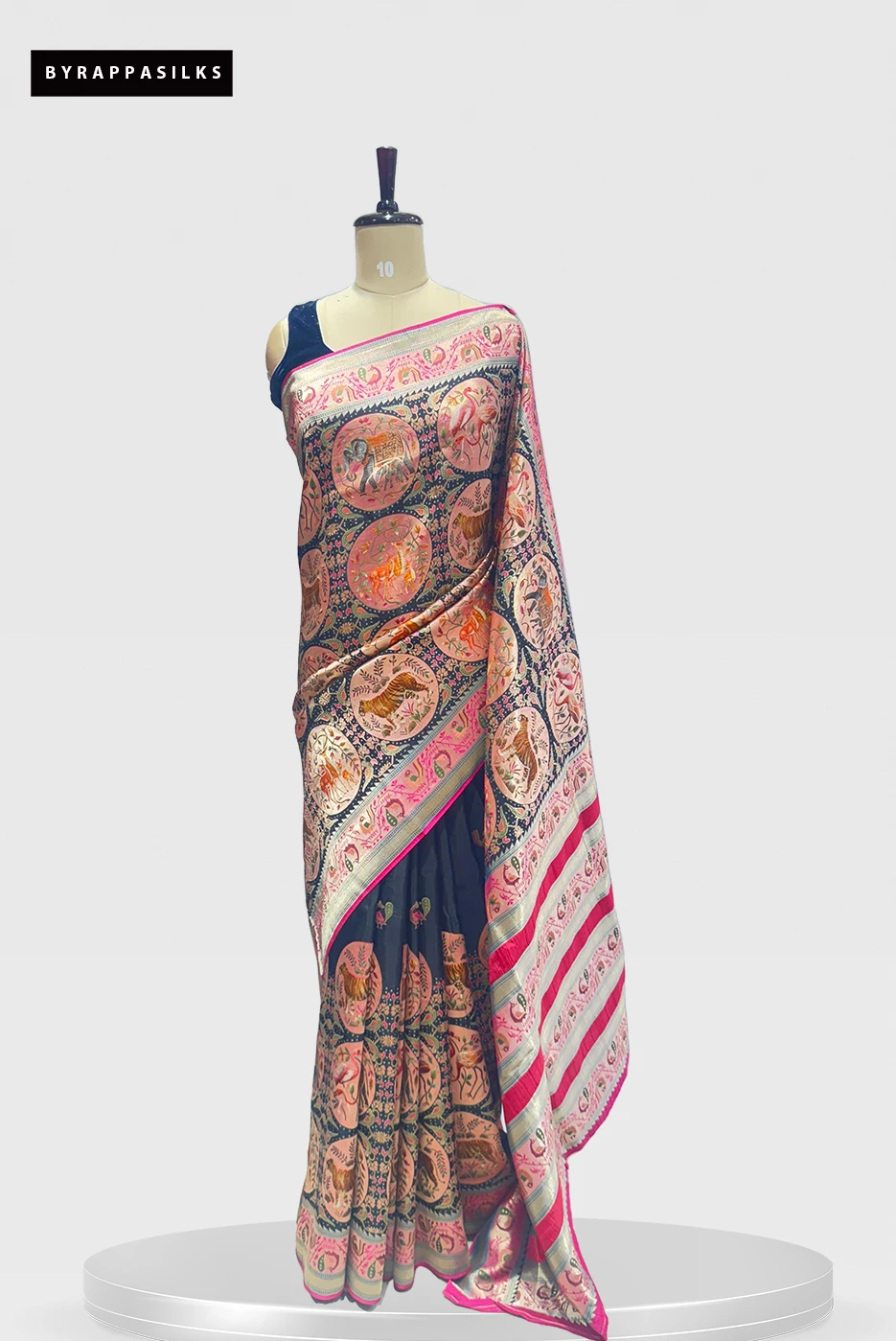 Banarasi Saree Animal Motifs Black & Pink Border QS286049