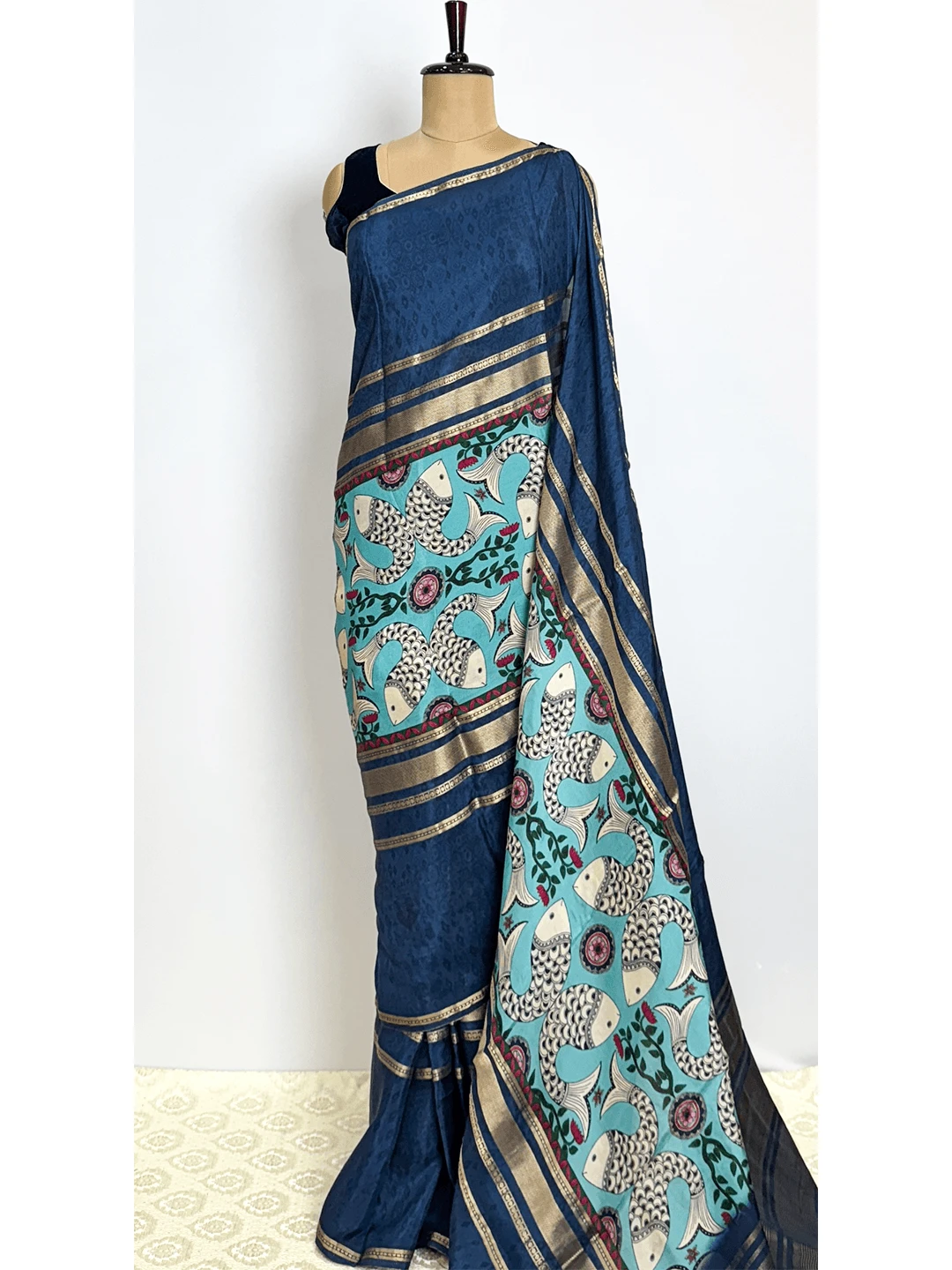 Semi-Crape Printed Saree -Blue Colour - QS214419