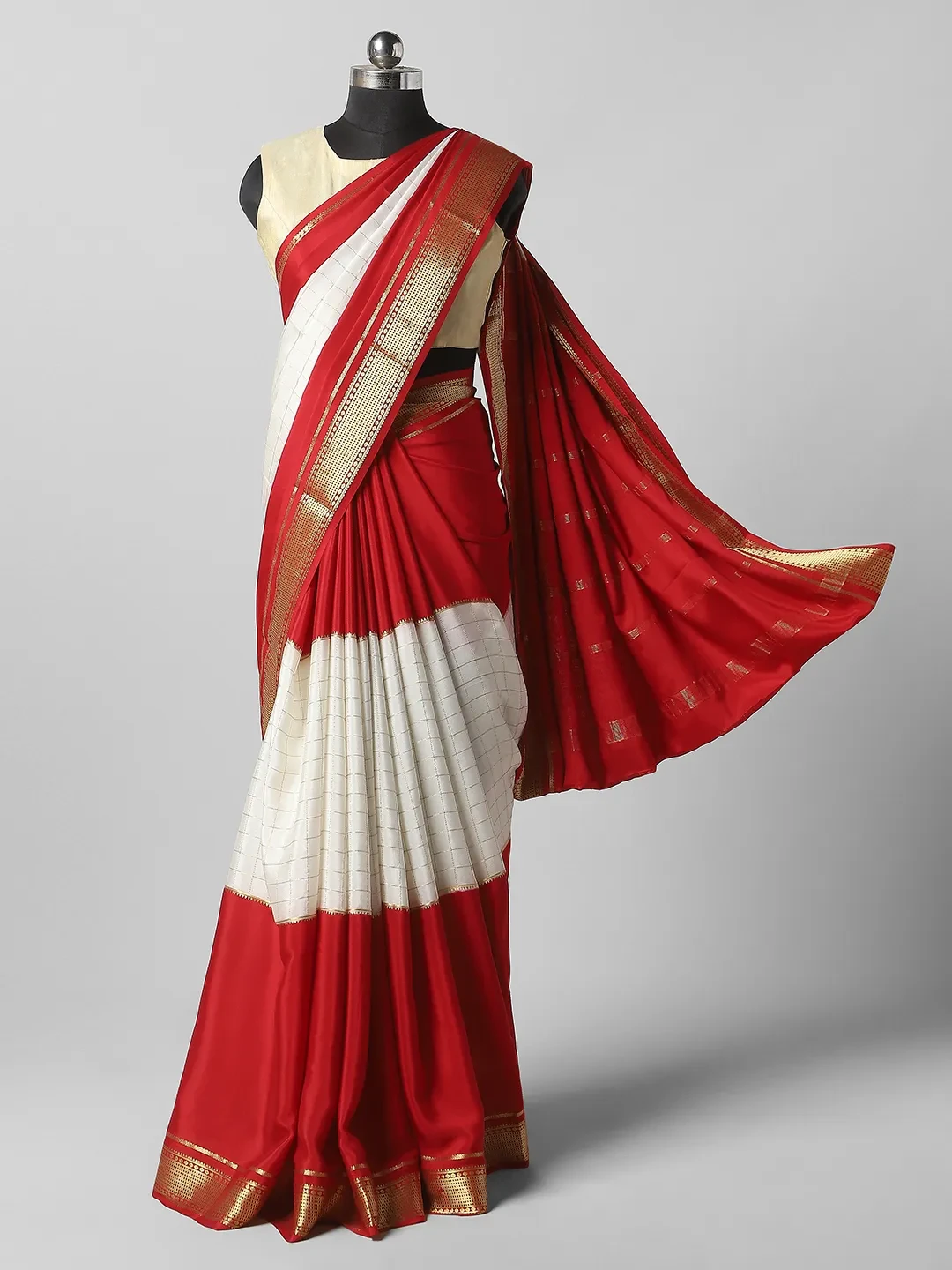 Pure Mysore Silk - White With Red Colour QA255111