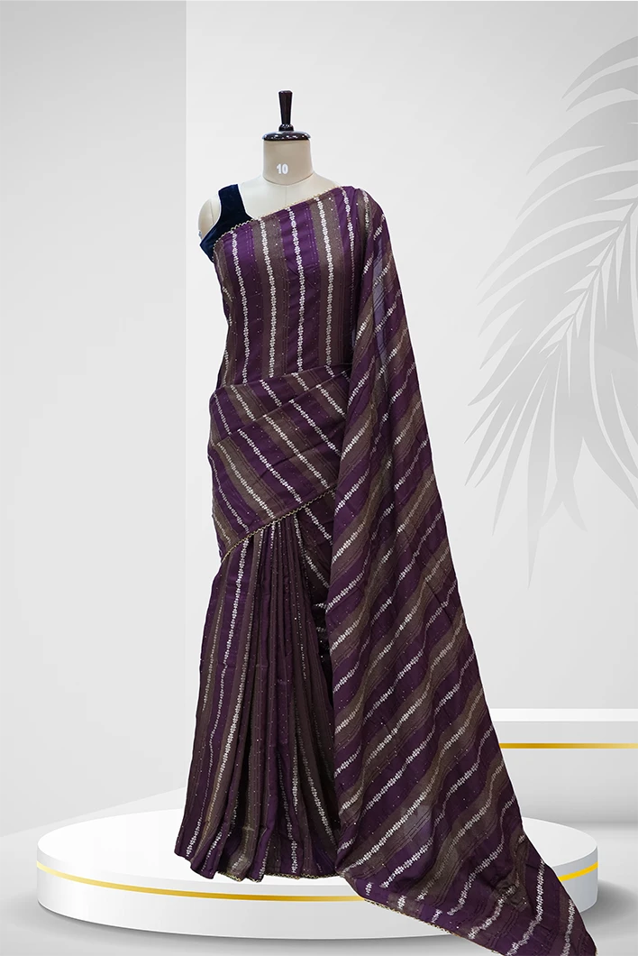 Bandhani Saree Deep Plum With Golden And White Diagonal Tie-Dye Stripes QS236877