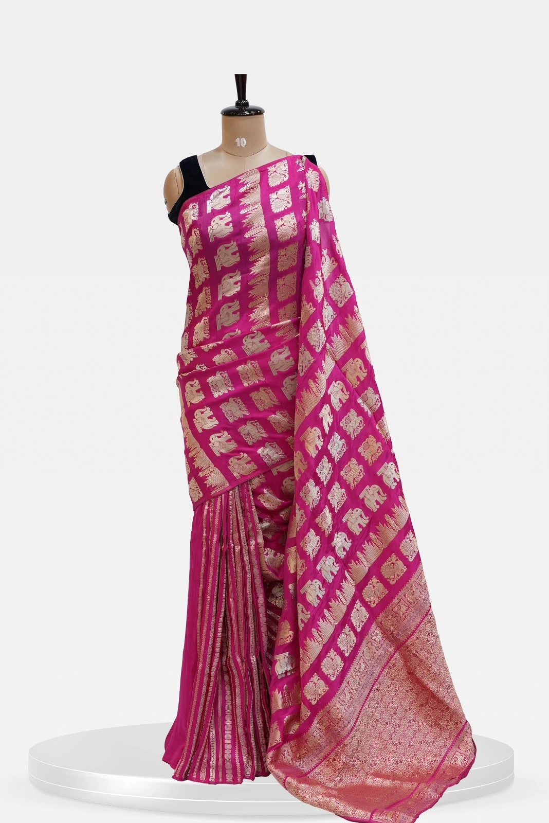 Russian Viscose Saree Bright Pink with Golden Zari Elephant QS243136