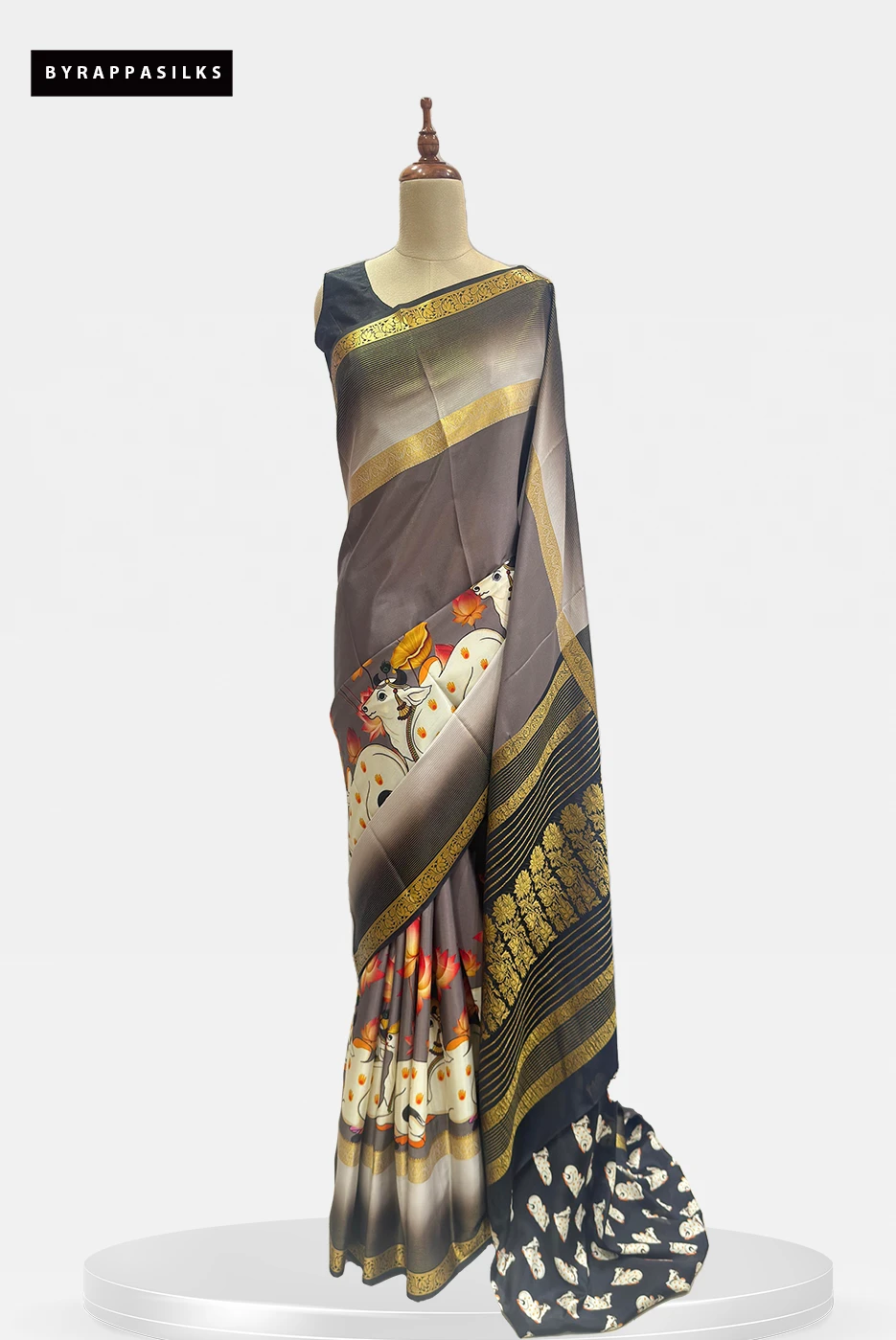 Mysore Silk Pure Crape Saree Charcoal & Silver - Grey Pichwai Print QS290883