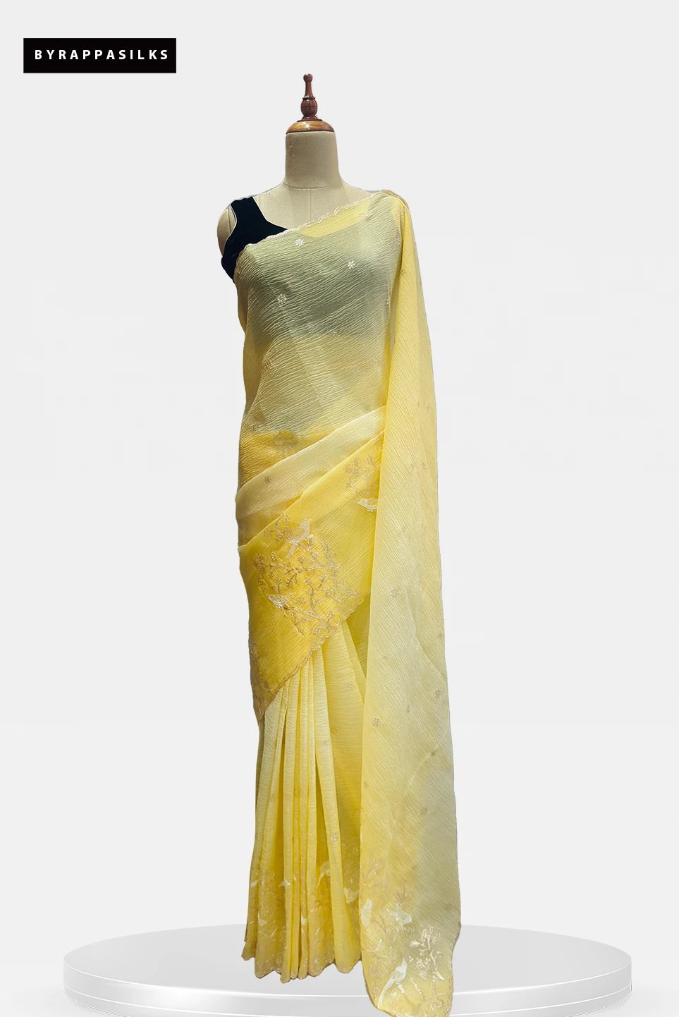 Crushed Organza Yellow Saree Floral Bird Design QS292671