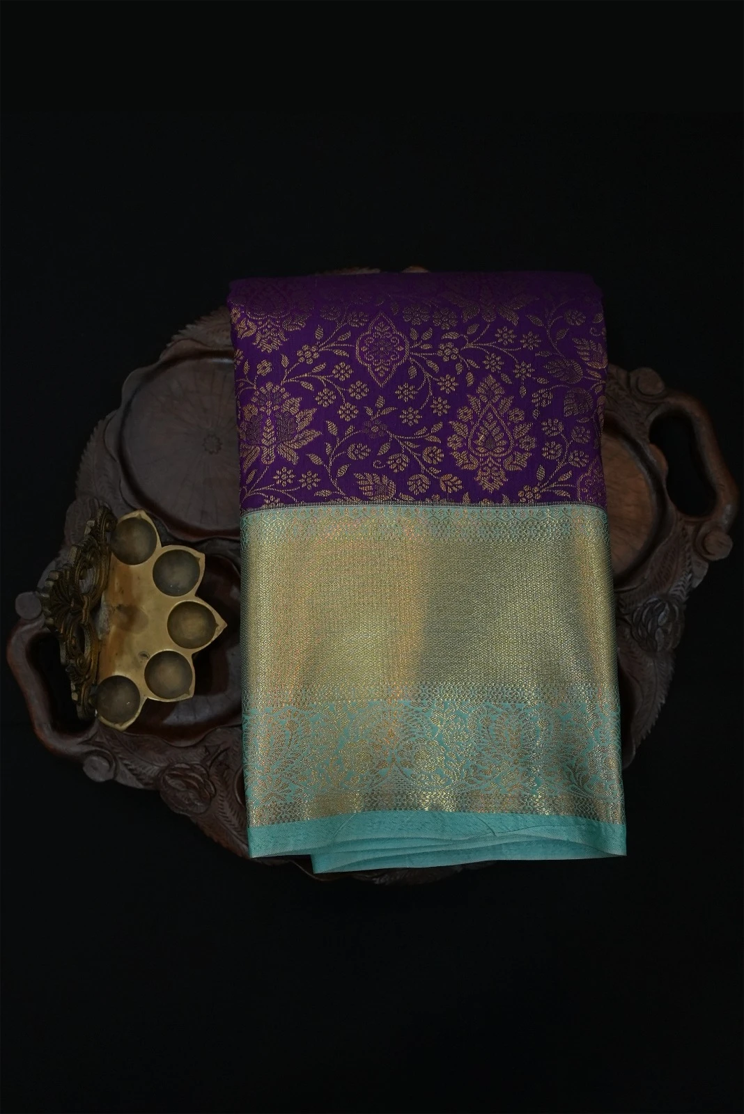 Tissue Brocade Saree Royal Purple With Gold with Light Teal Blue Border QS235714