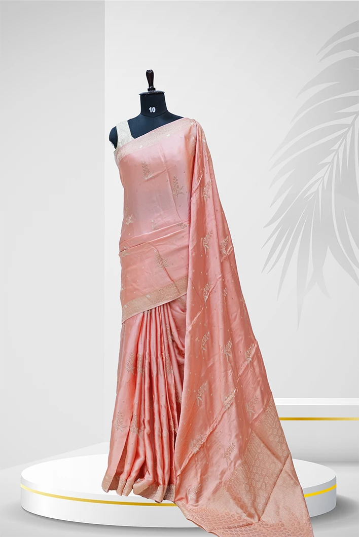 Silk Saree Peach With Golden Zari Border And Subtle Floral Embroidery Border QS236750