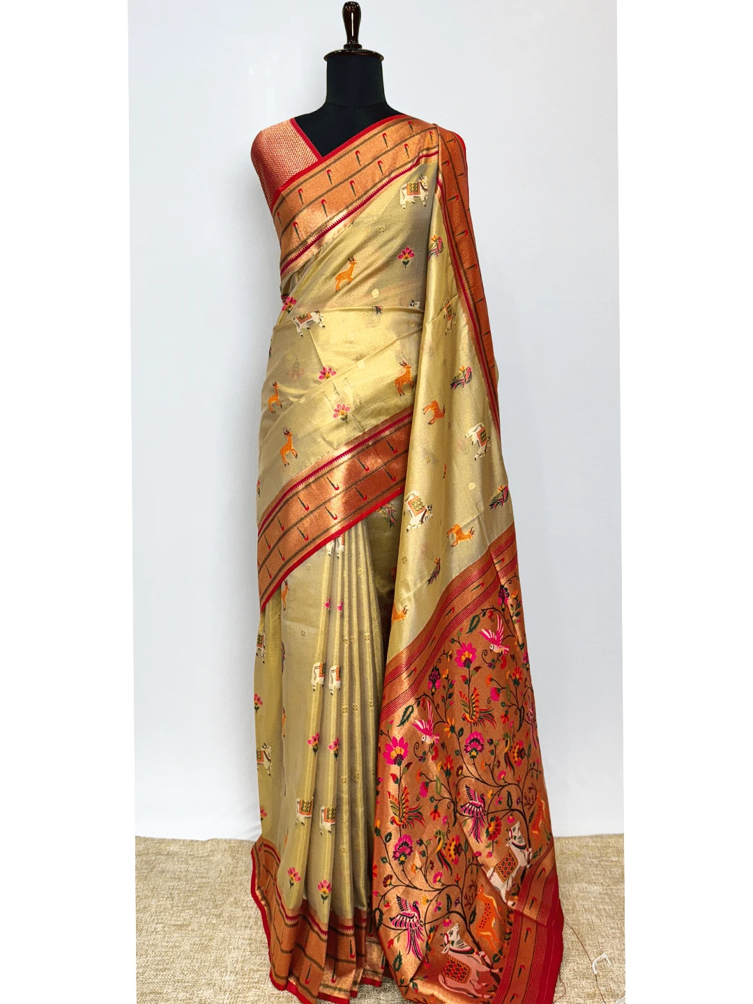 Tissue Paithani Saree - Gold With Red Colour - QS211700