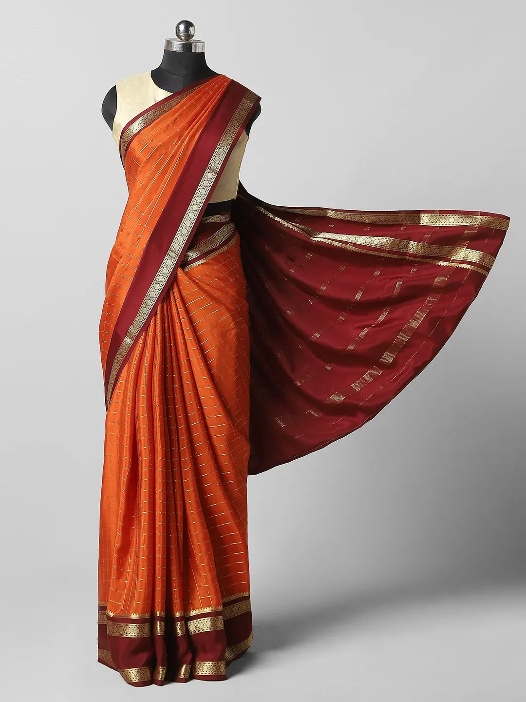 Pure Mysore Silk Saree -Orange With Maroon Colour QS202661