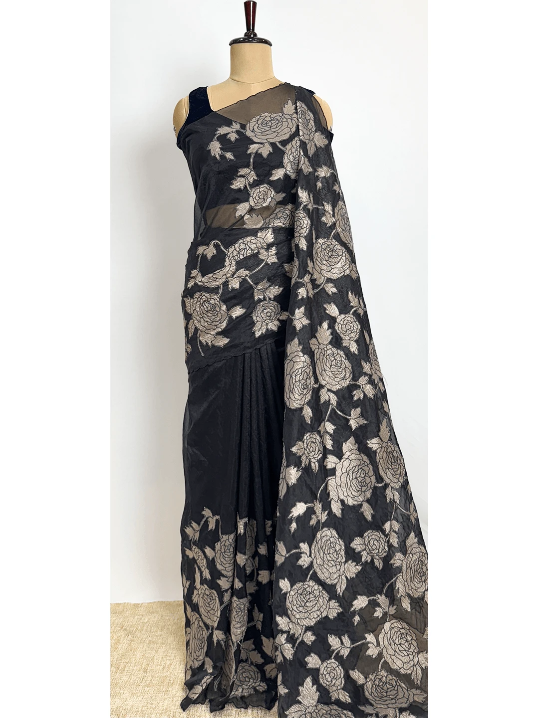 Tissue Saree With Aplic Work - Black Colour - QS213061