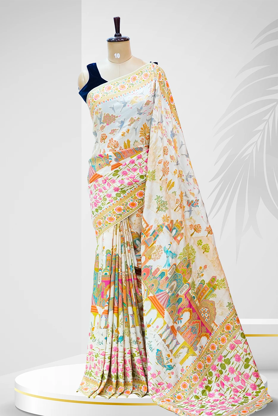 Fancy Saree - White Printed Silk Saree with Village Theme Design QS236350