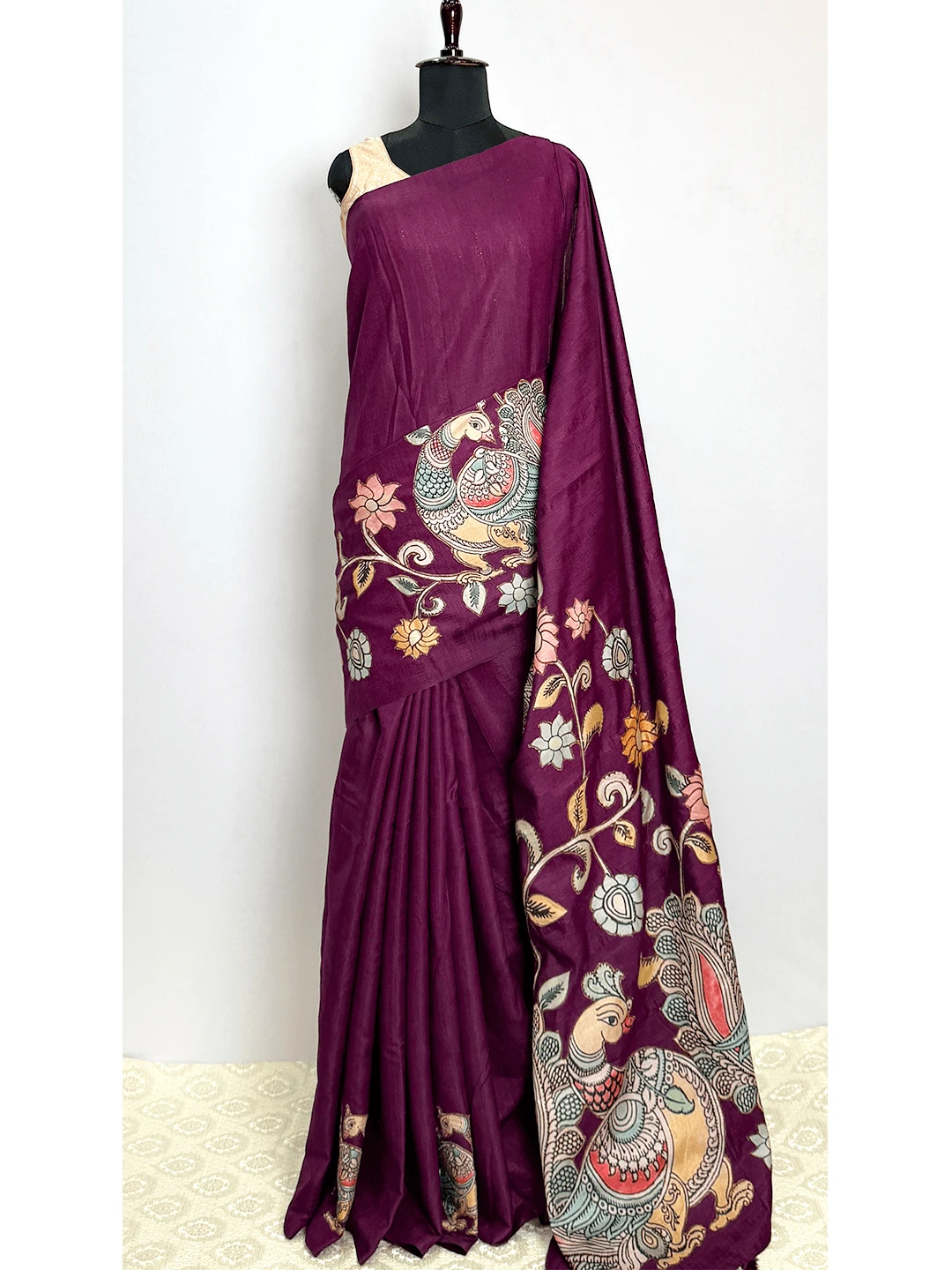 Linen Printed Saree - Wine Colour - QS218681