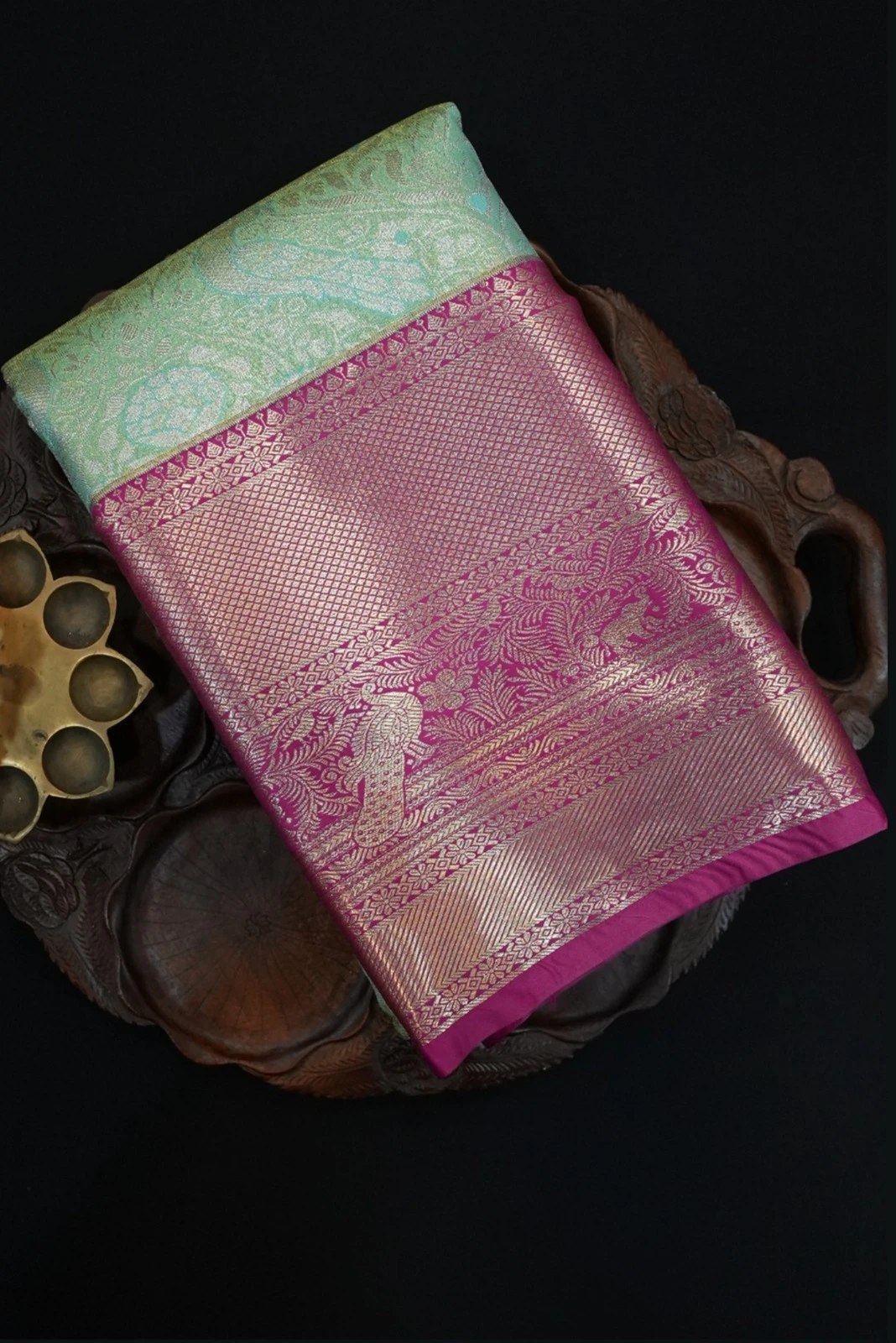 Tissue Brocade  Saree - A mix of light green With Rich pink Border QS235619