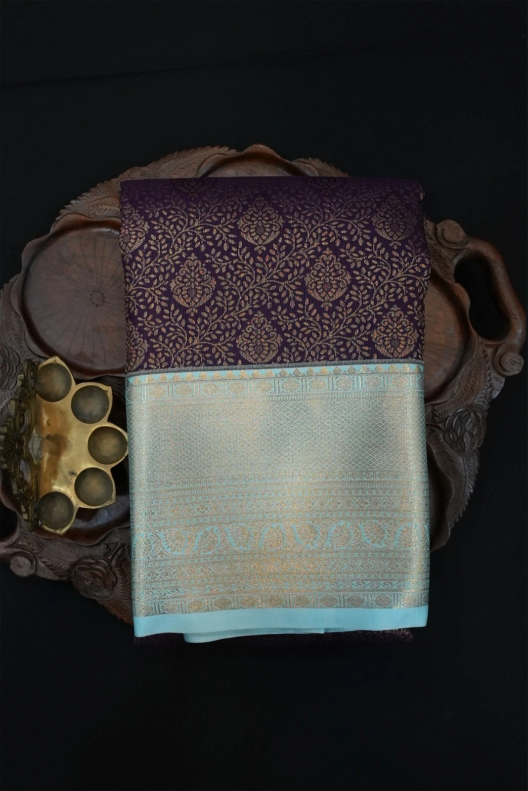 Tissue Brocade  Saree - Dark Purple With Sky Blue Border - QS235932