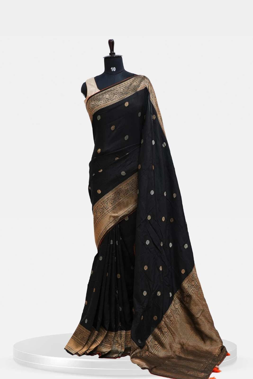 Habutai Banarasi Black with Golden Zari Border & Polka Buttas QS240743