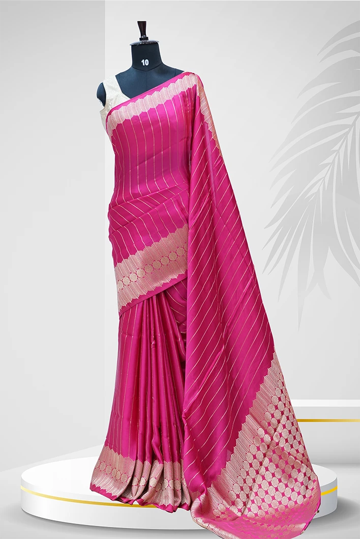 Silk Saree  Vibrant Pink With Contemporary Golden Zari Stripes And Geometric Border QS236765