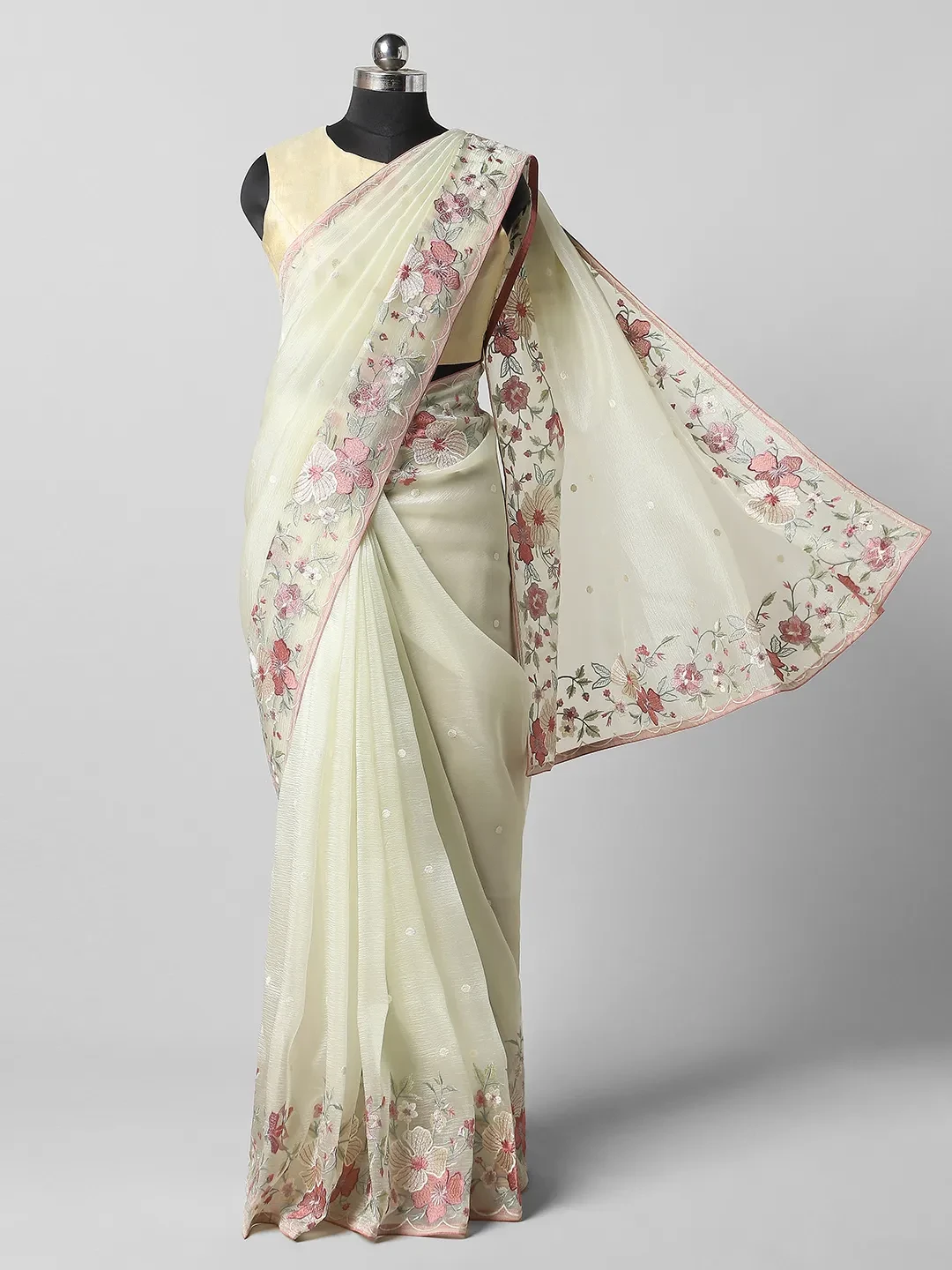 Organza Tissue Sarees With Aplic Work - Pista Colour -QA255120