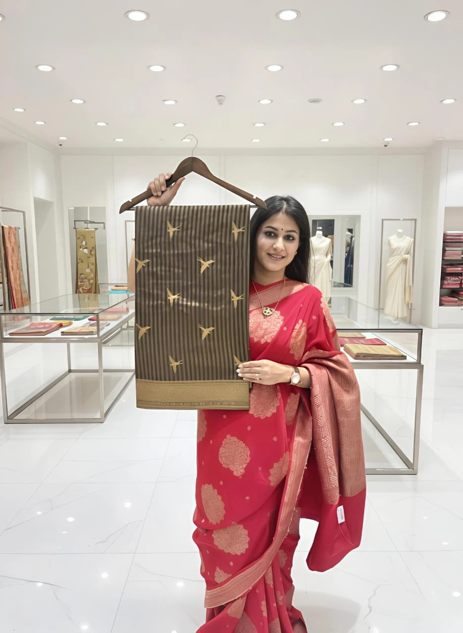 Satin Banarasin Black With a Golden Striped Pattern And Golden Bird motif QS257700