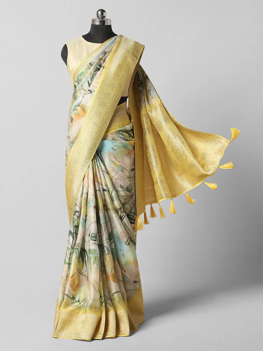Satin Printed saree - Yellow Colour QA255473