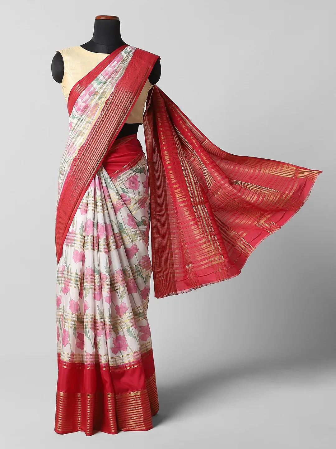 Munga Crape Printed Sarees -White with Red Colour QI202669