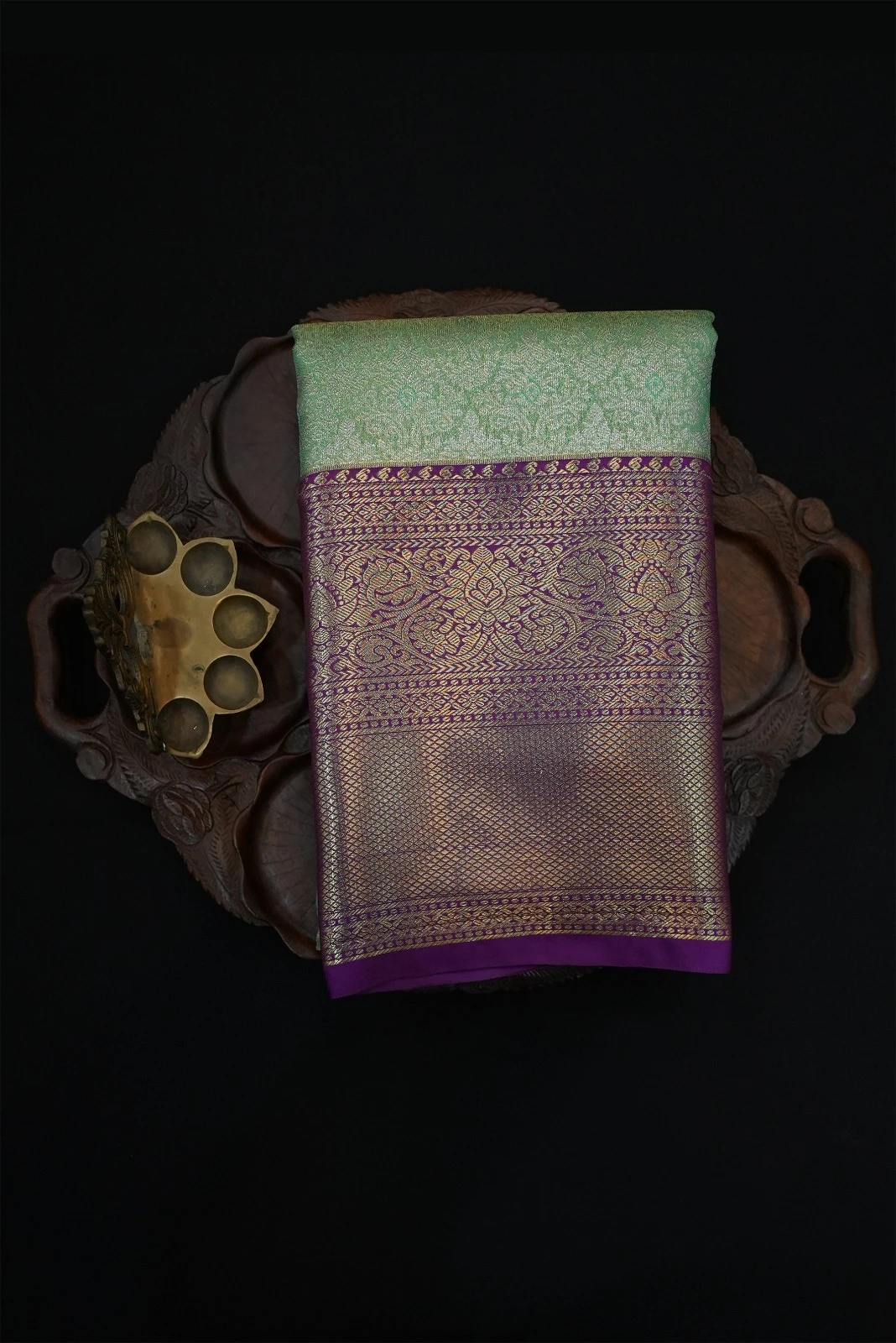 Tissue Brocade Saree Mint Green with Purple and Gold Border QS235710