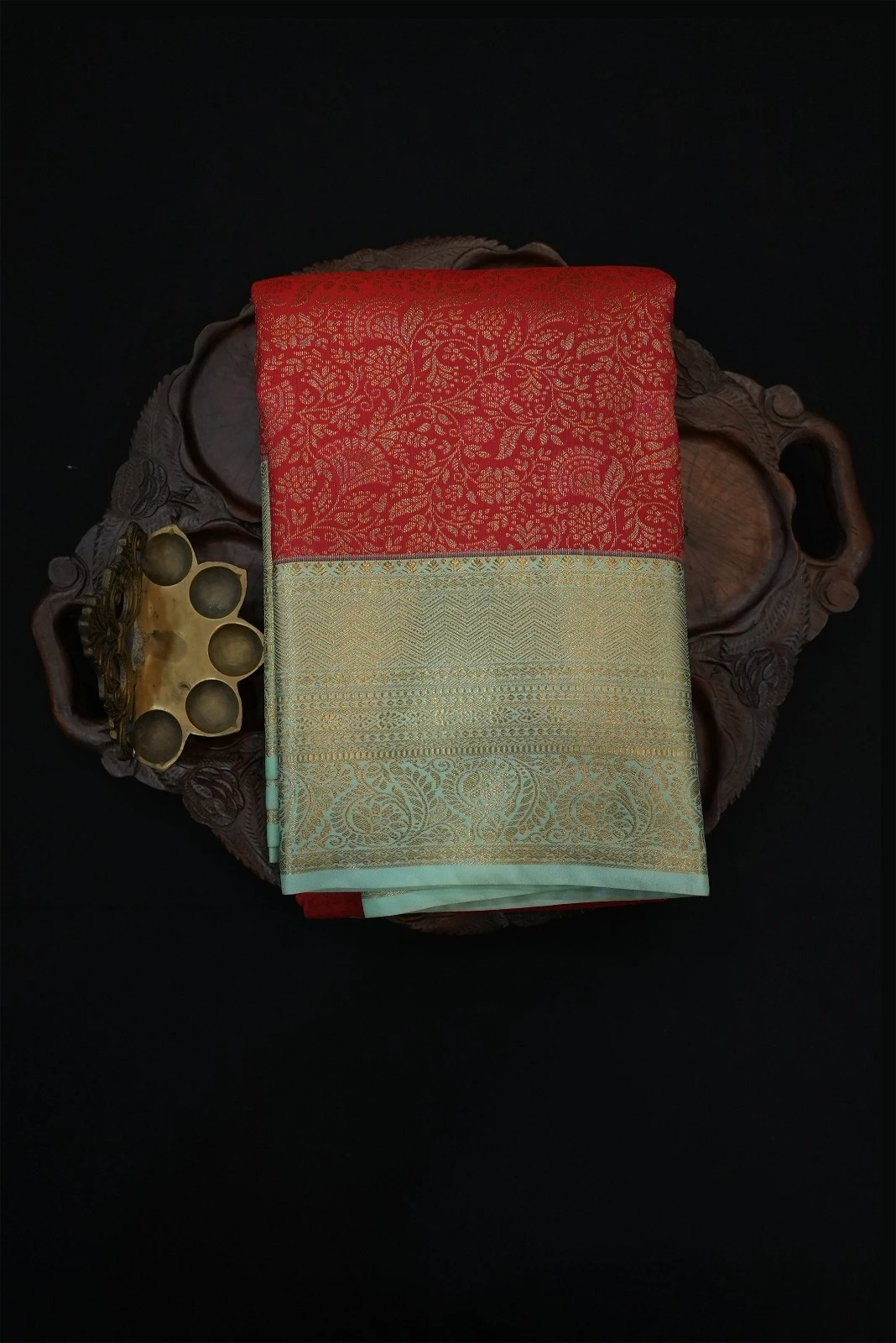 Tissue Brocade Saree Bright Red With  Tale Blue gold  Zari Border QS235936