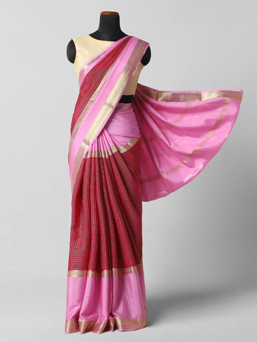 Pure Mysore Silk Saree Cherry Red & Pink Colour QA254160