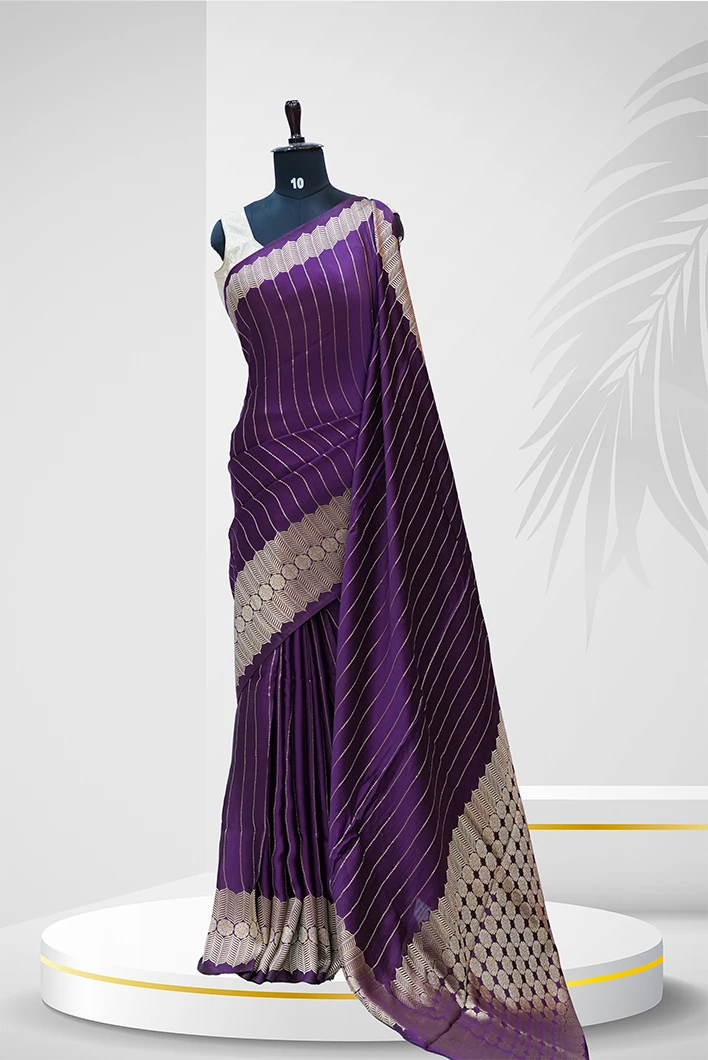 Silk Saree  Royal Purple  With Modern Gold Zari Stripes And Geometric Pallu QS236754