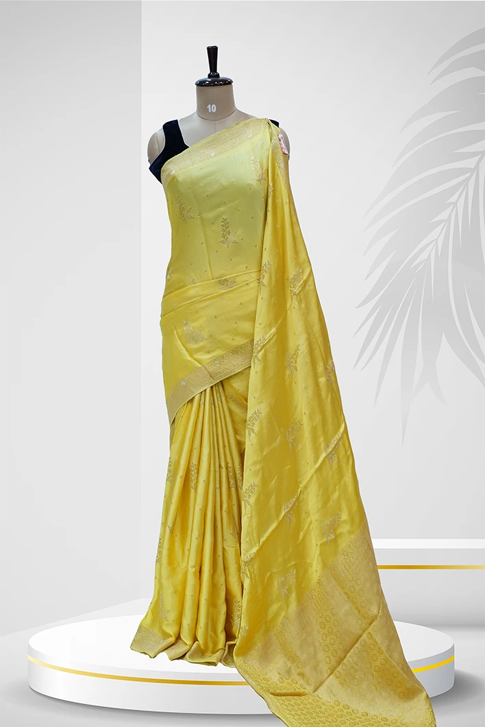 Silk Saree Yellow  With Subtle Zari Work And Floral Motifs QS236745