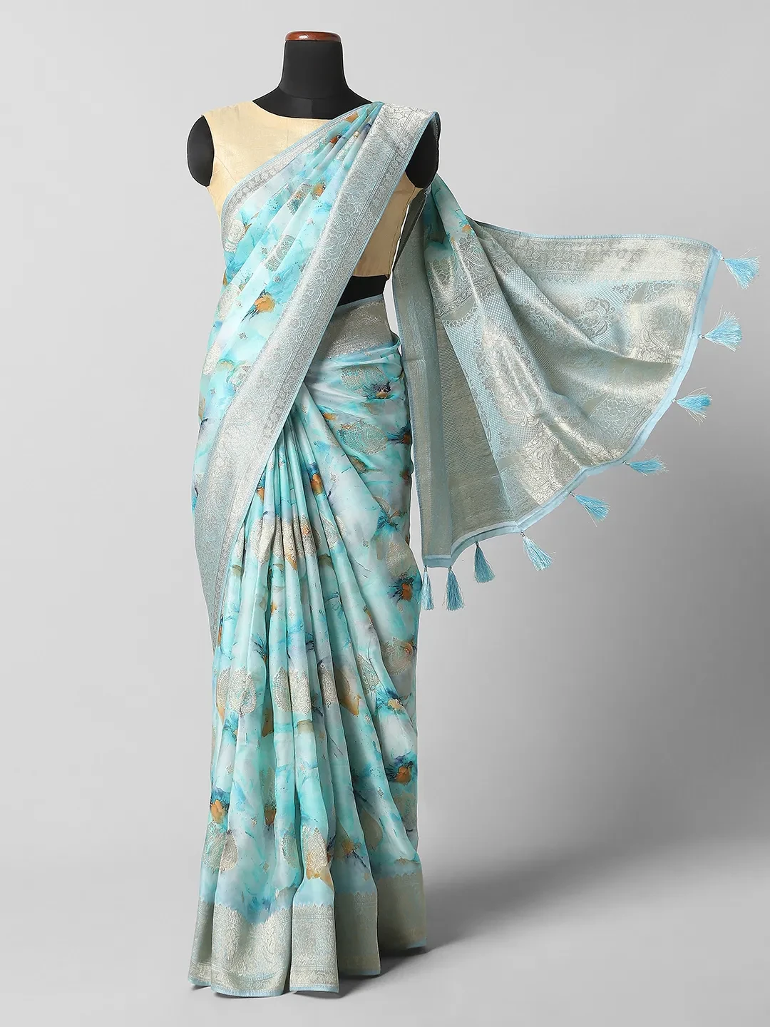 Satin Printed Saree - Sky blue colour  QA255455