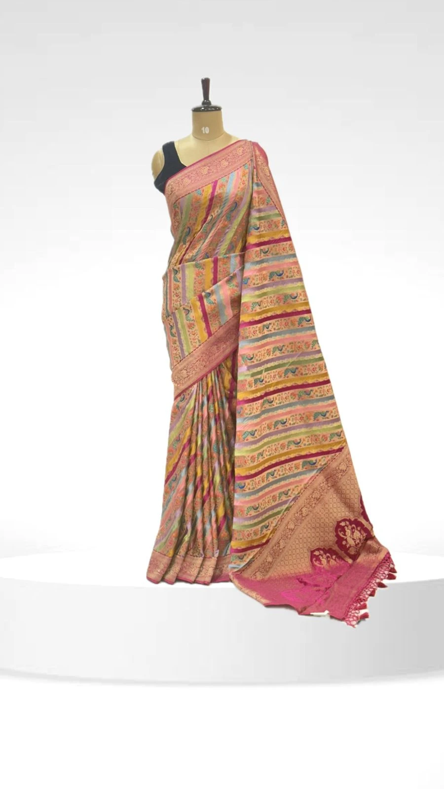 Rangkat Banarasi Saree Multicolor  with Peacock & Floral Motifs and Magenta Zari Border QS239062