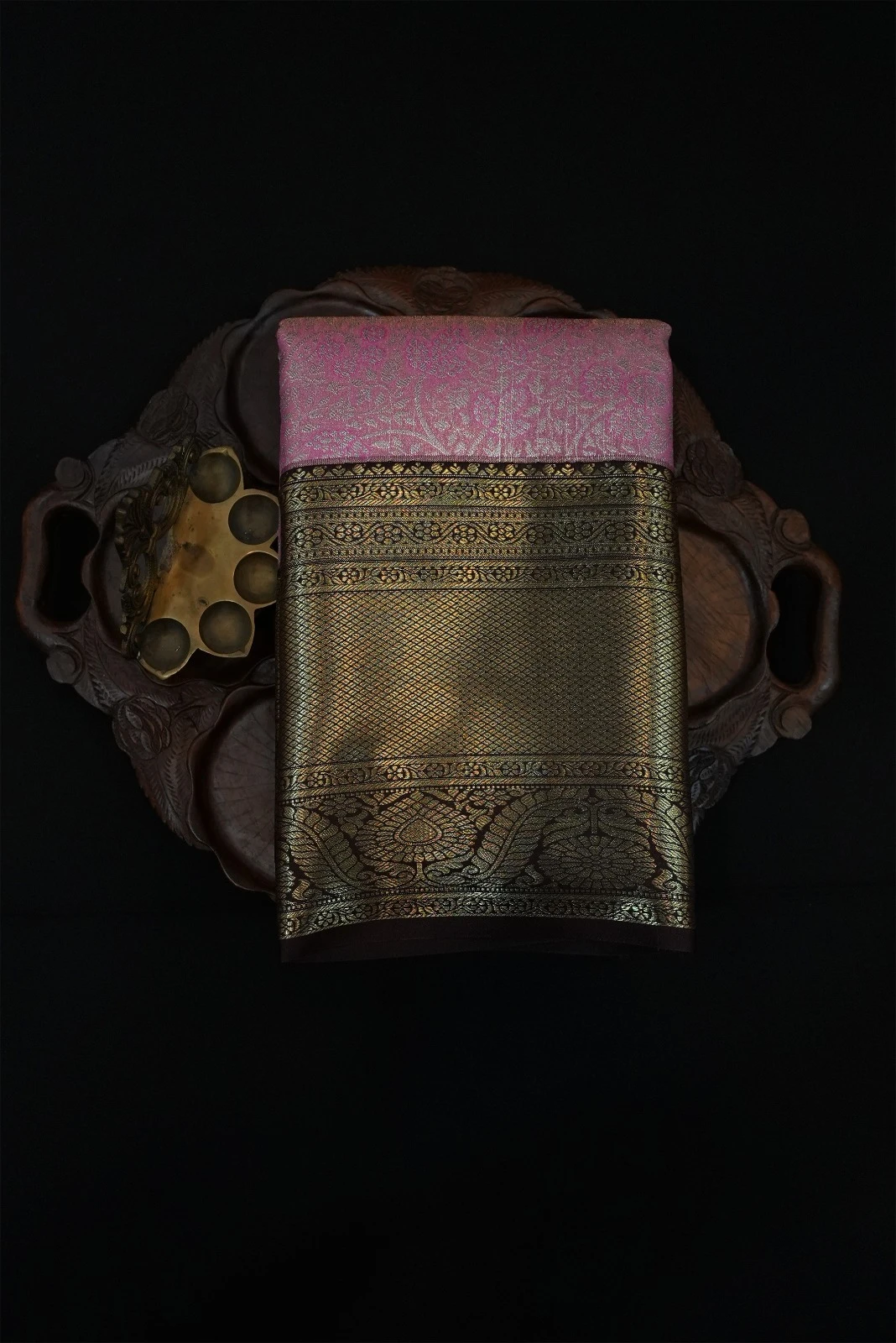 Tissue Brocade  Saree - Pink With Brown Border QS235715