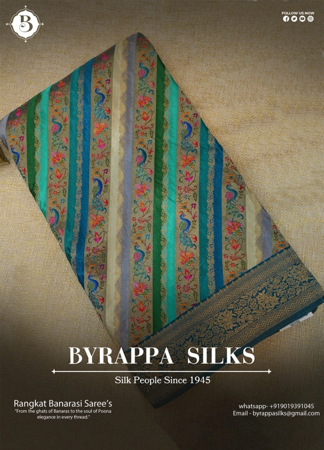 Rangkat Banarasi Saree Green & Blue with Peacock & Floral Motifs and Navy Zari Border QS239066
