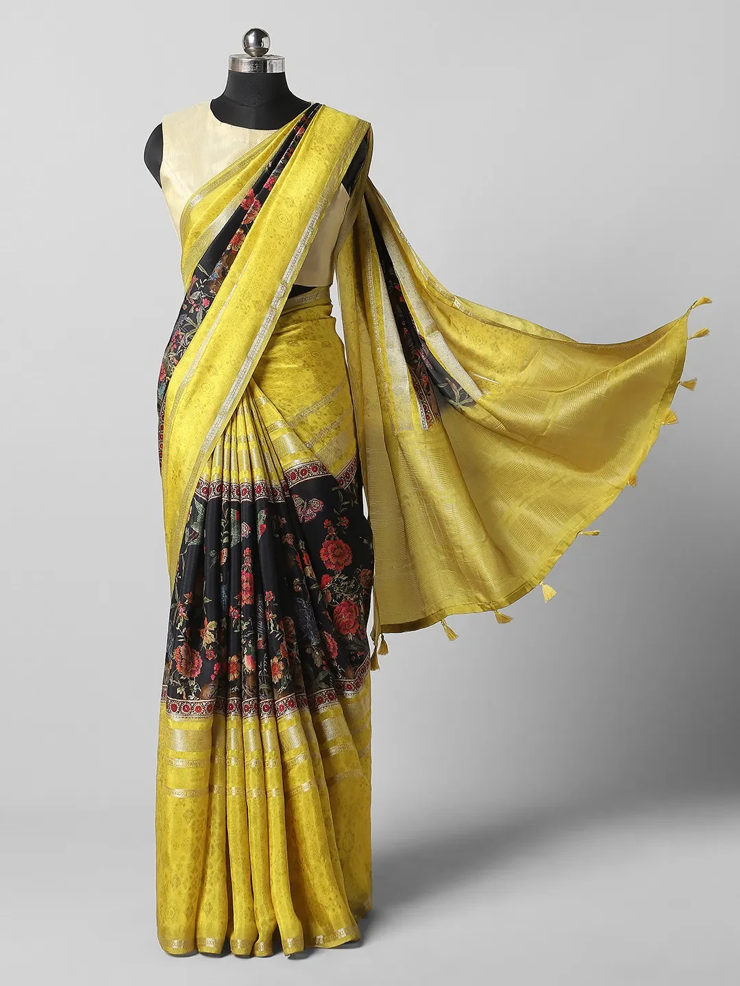 Semi Crape Saree With Yellow & Black QI202566