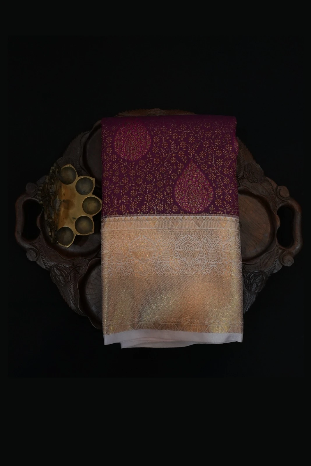 Tissue Brocade Saree  Deep Maroon/Purple with Gold and Off-White/Silver Border QS235909