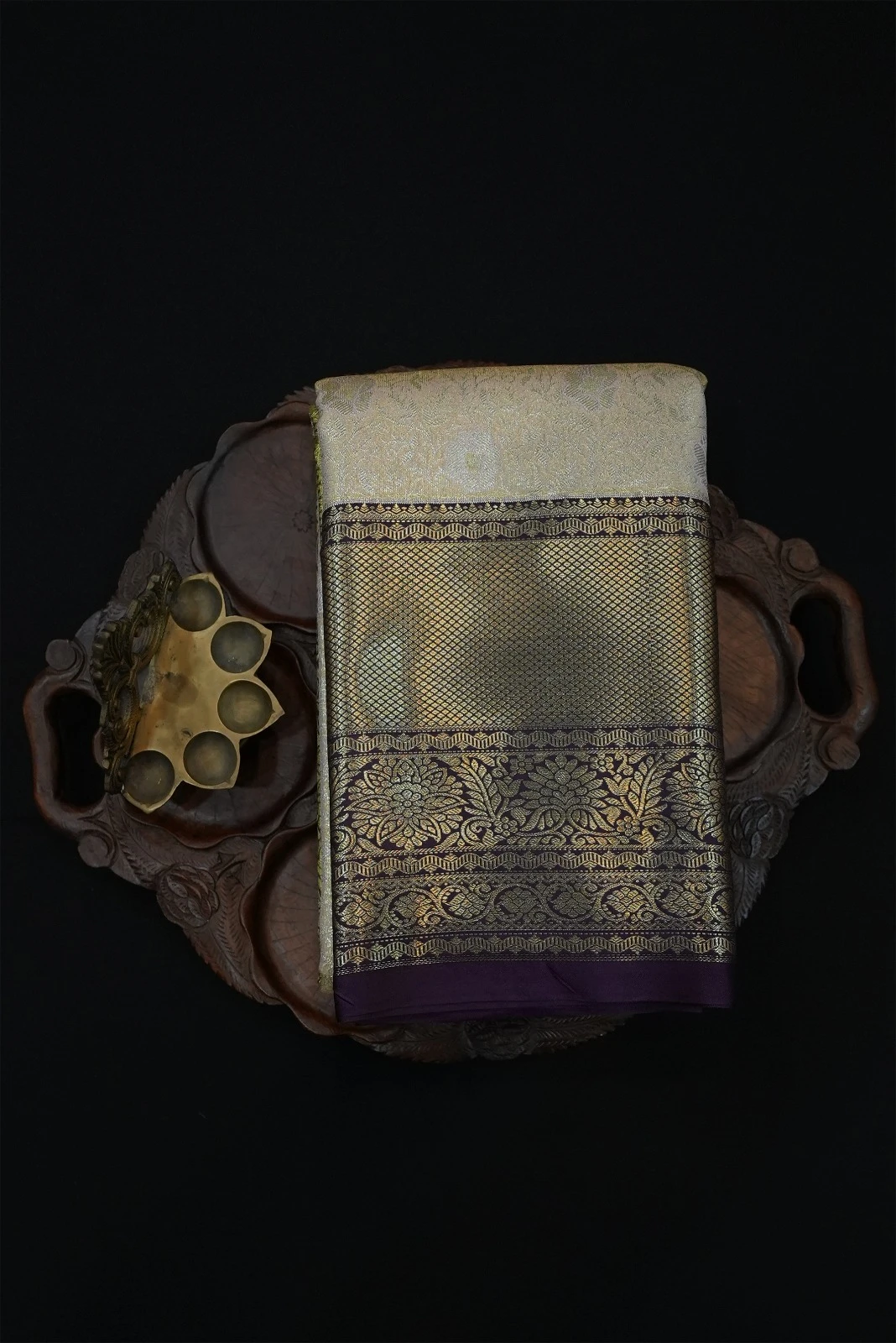 Tissue Brocade Saree Creamy Gold With Deep Purple with Heavy Gold Zari QS235816
