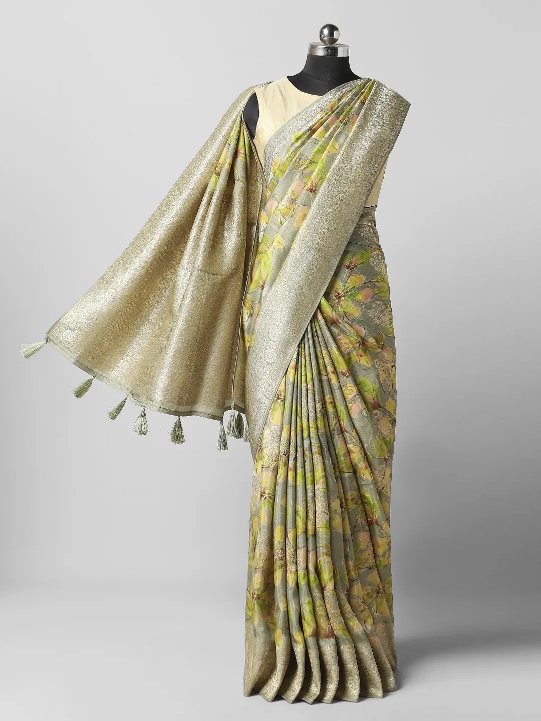 Satin Printed  Saree - Green & yellow Colour  QA255507