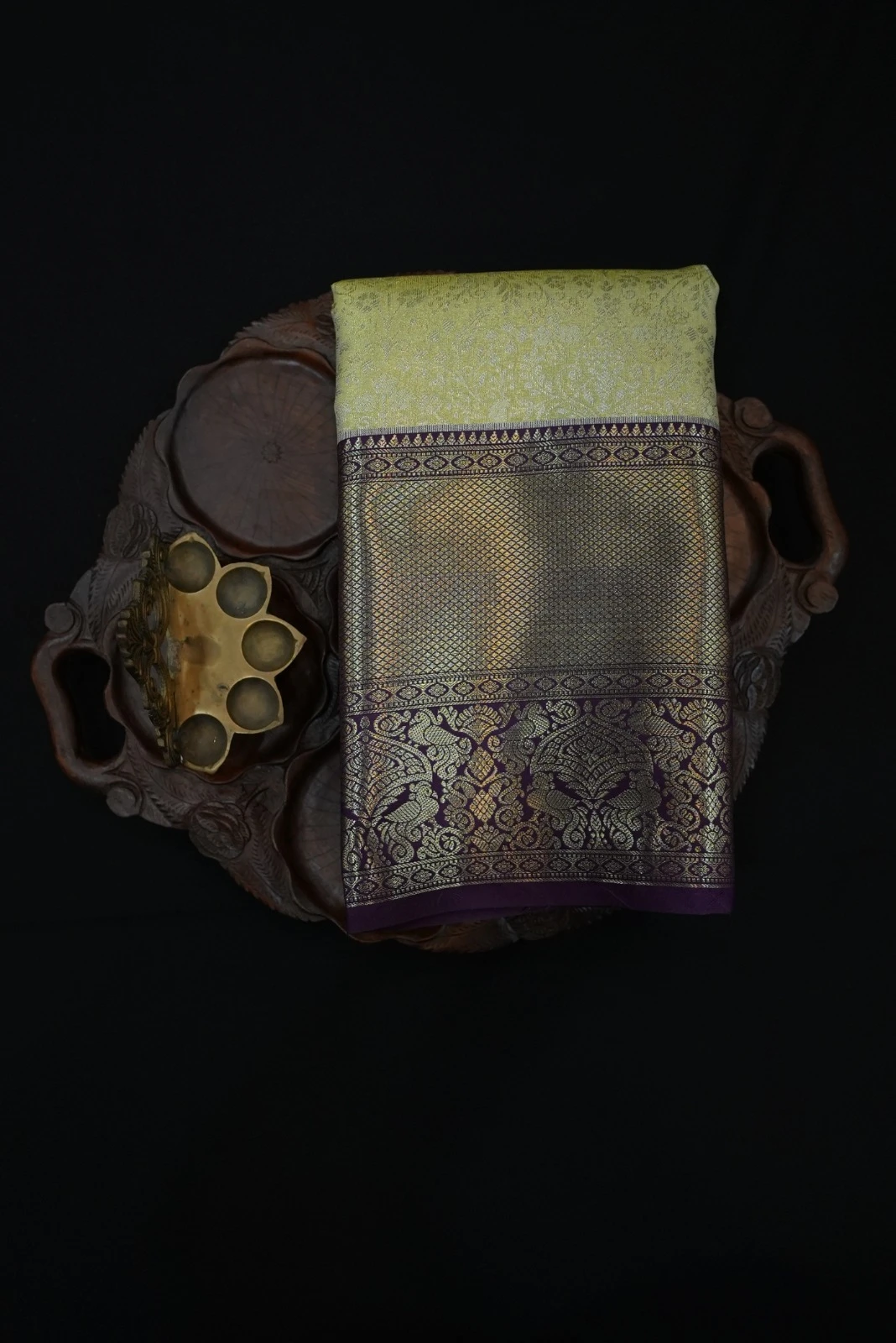 Tissue Brocade Saree Lemon Yellow With Deep Purple with Gold Zari  Border QS235606