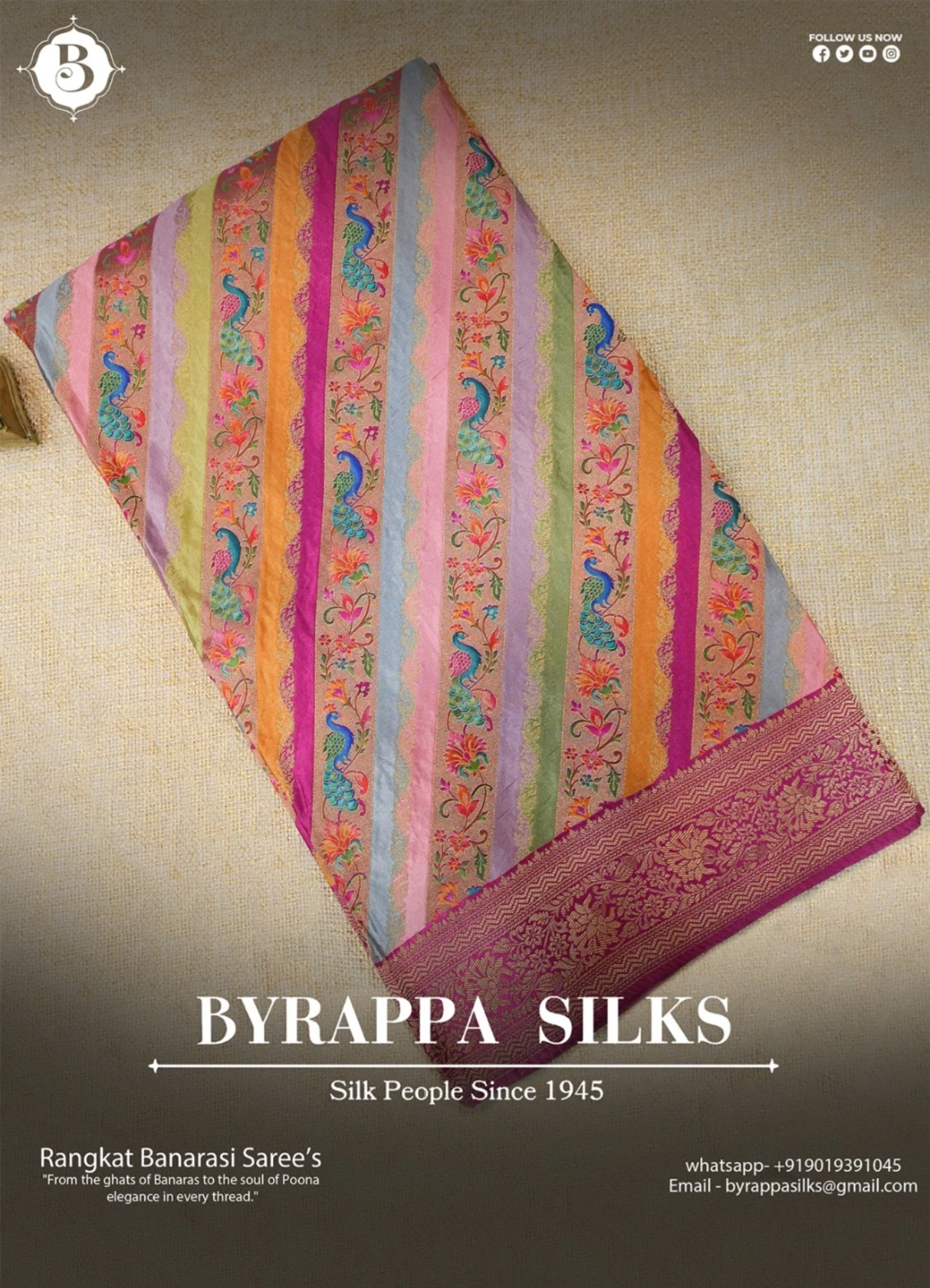 Rangkat Banarasi Saree Multicolor with Peacock & Floral Motifs and Magenta Zari Border QS239062