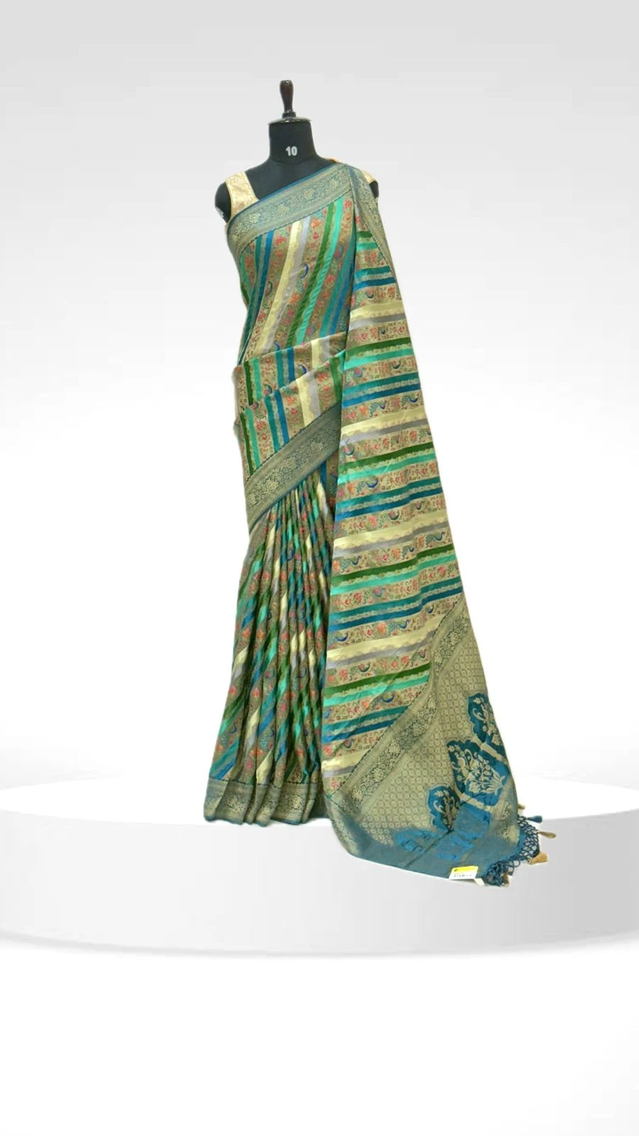 Rangkat Banarasi Saree Green & Blue  with Peacock & Floral Motifs and Navy Zari Border QS239066