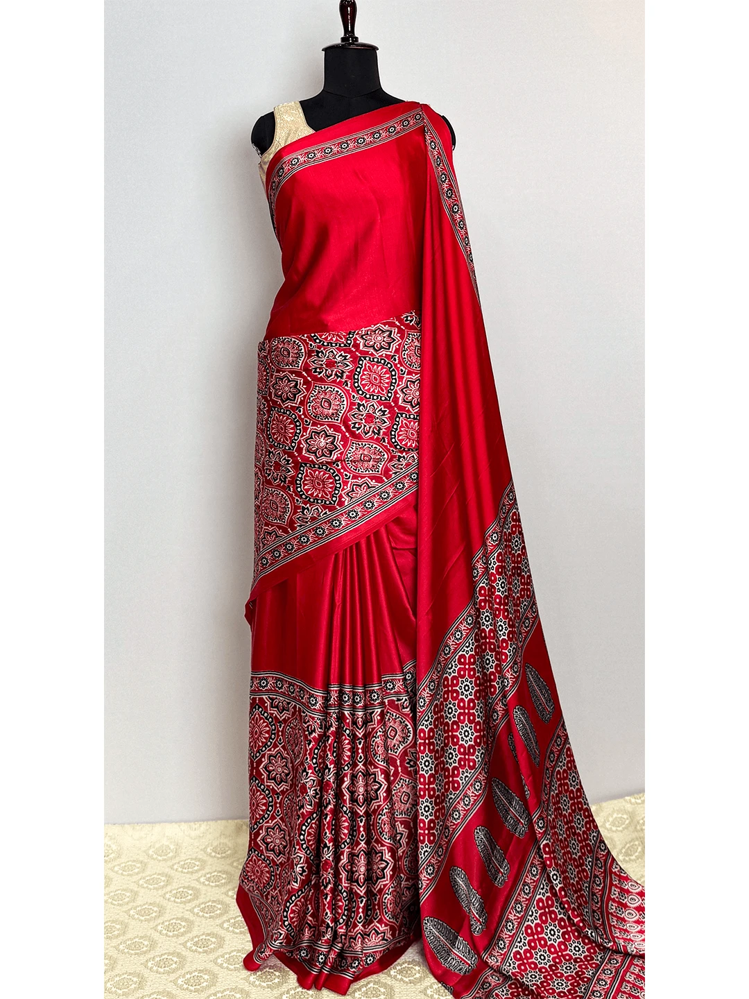 Ajrak Print Sarees - Red Colour - QS215526
