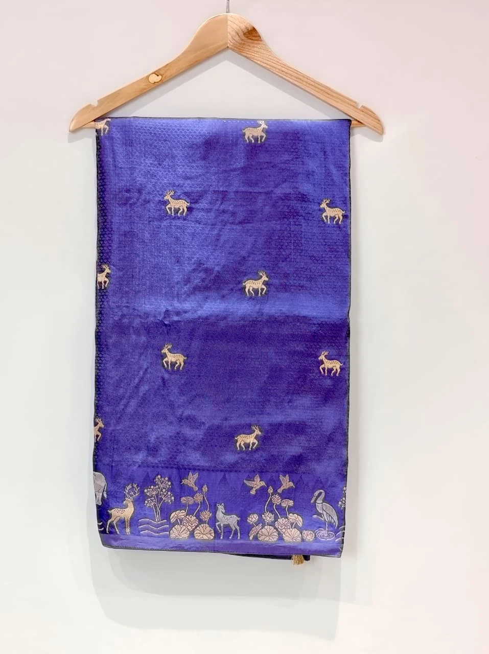 Satin Banarasi Navaratri Royal Blue Silk Saree with Deer and Animal Motifs QS253177