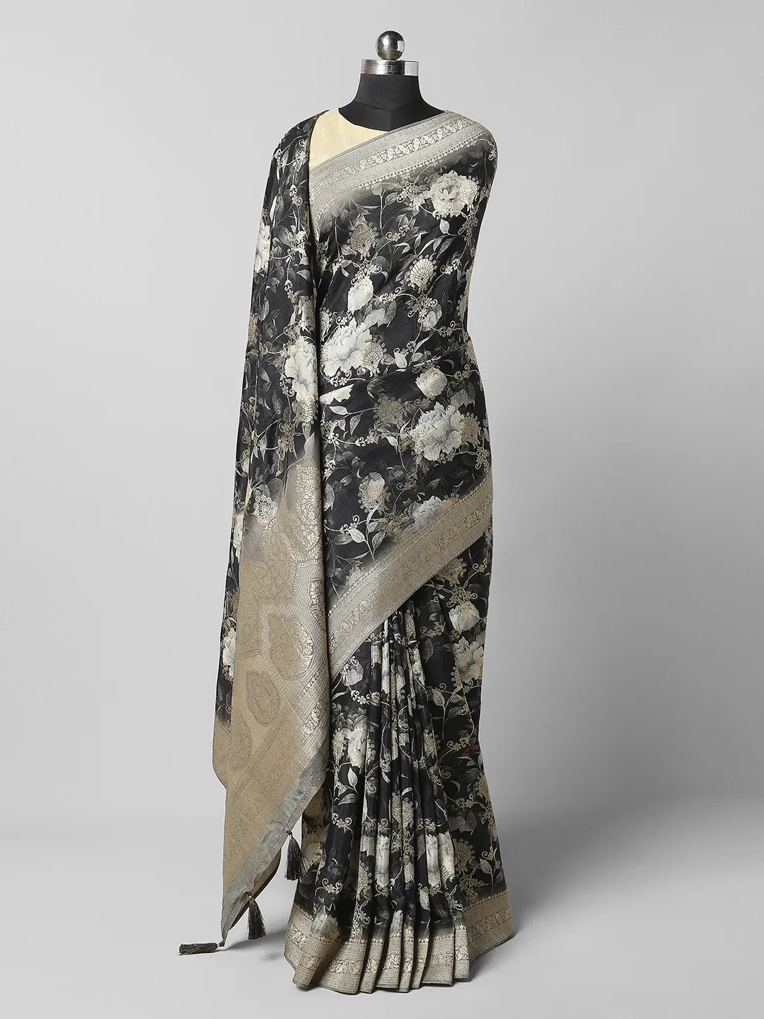 Satin Printed  Saree - Black Colour QA255531