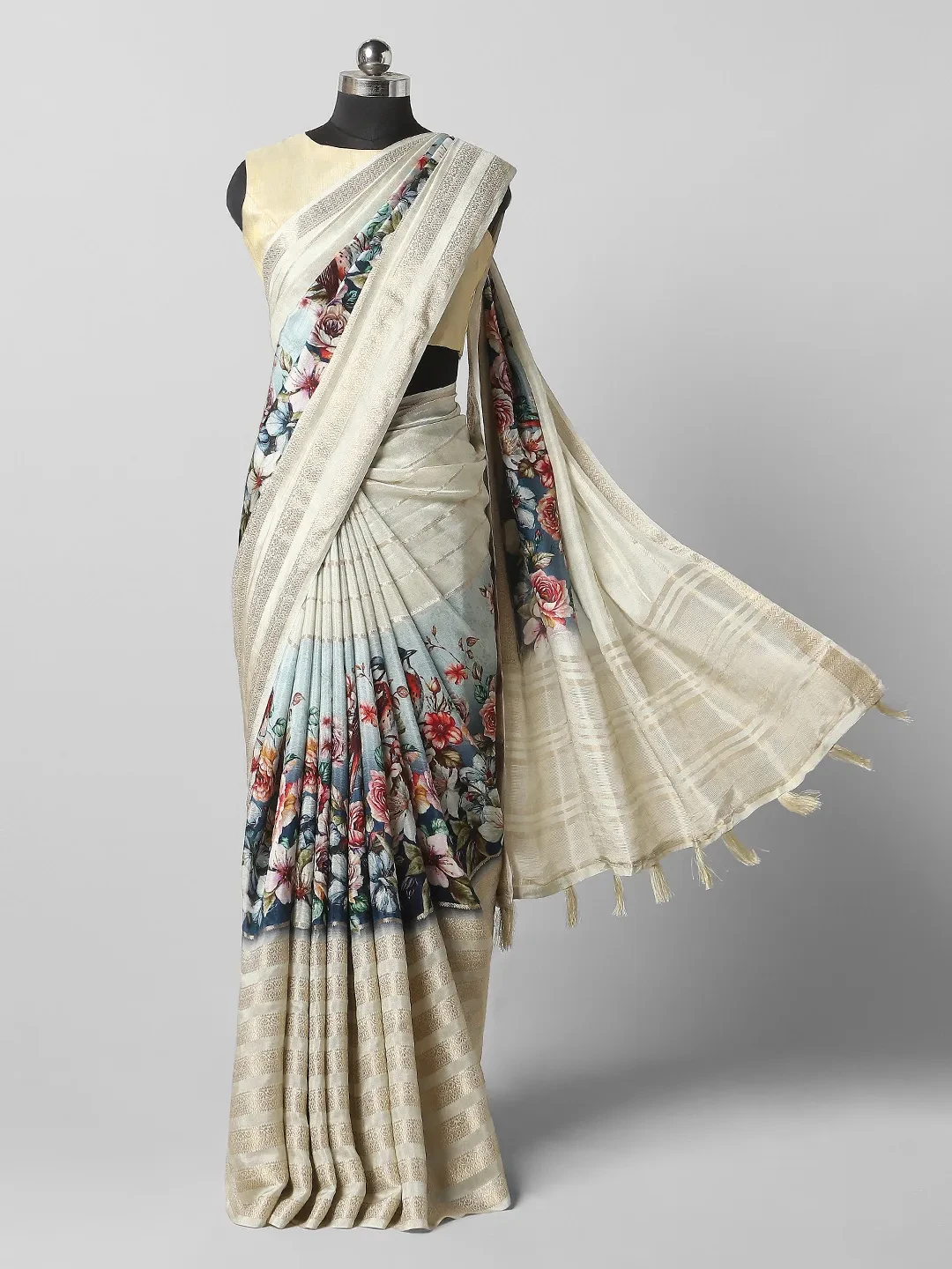 Crape Printed Saree - Cream With Purple Colour QI202186