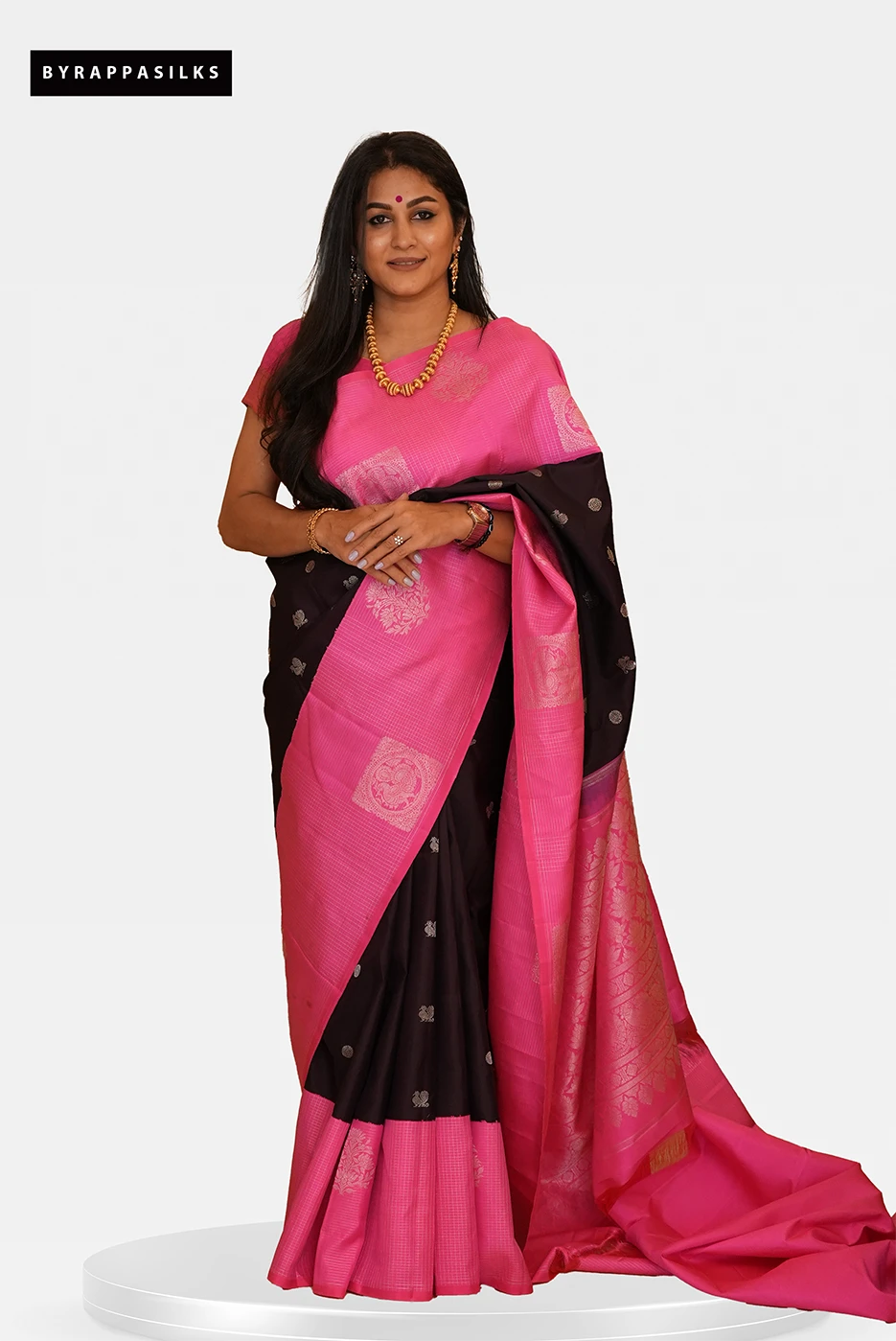 Kanjeevaram Pure Silk Handloom Dark Brown & Rani Pink QW202580