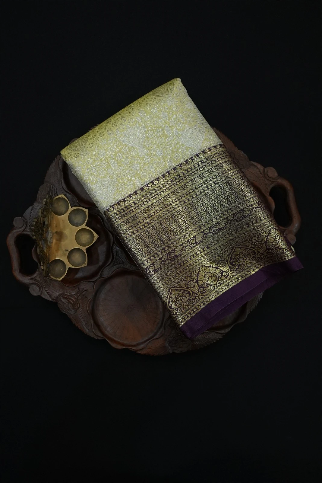 Tissue Brocade  Saree - Light Gold With Purple Border QS235701