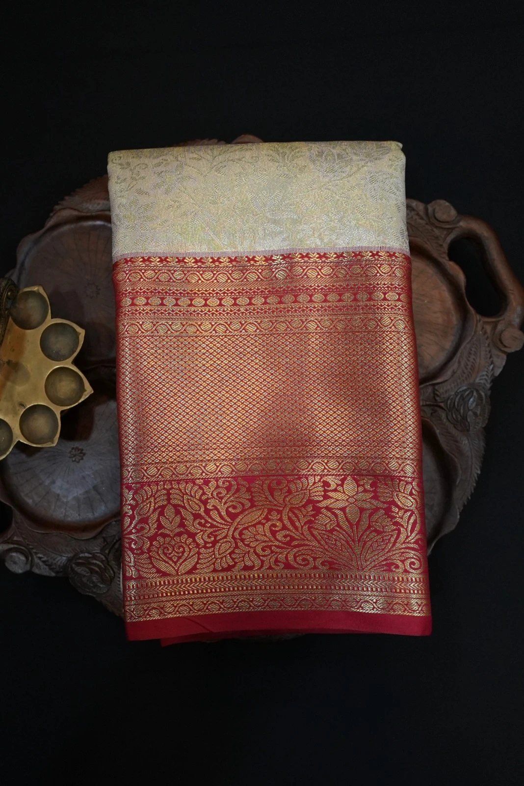 Tissue Brocade  Saree - Cream/Ivory With rich red  border embellished with gold zari weaving QS235624