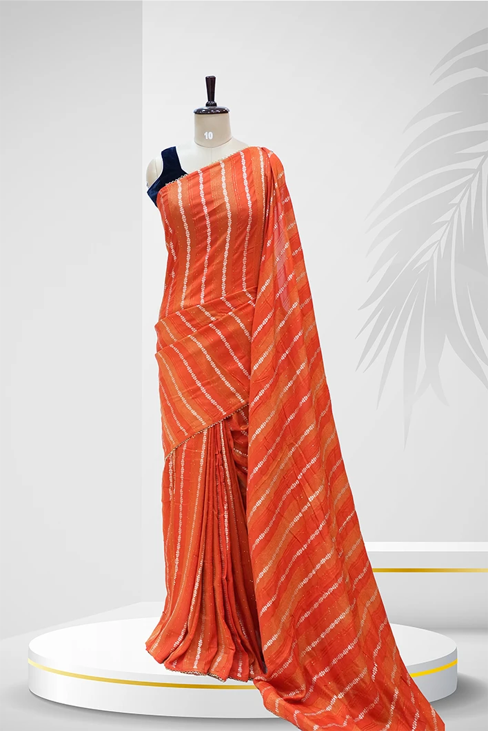 Soft Silk Saree Orange And Red Bandhani Saree With Diagonal Tie-Dye Patterns In White And Golden-Yellow QS236945